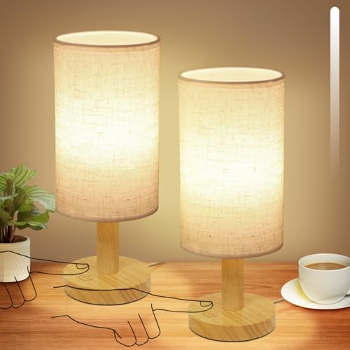 Small Touch Table Lamps Set of 2 with Stepless Dimming&USB Plug, Natural Round Wood Base & Linen Fabric Shade |Soft Ambient Night Light |Minimalist Boho Bedside Lamp for Bedroom,Nursery,Kitchen,Dorm