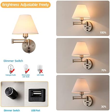 Swing Arm Wall Sconces, Plug-in Wall lamp,Bedroom Wall lamp ， White Fabric Shade，，with dimmable Switch and USB Charging Port, Suitable for Bedside, Living Room, Reading (Nickel)