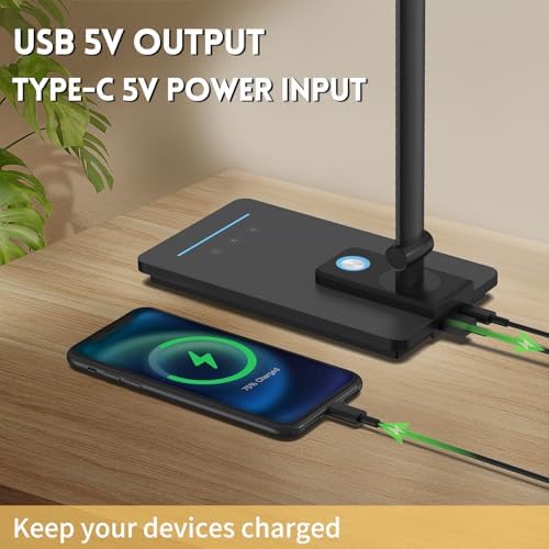 LED Desk Lamp for Home Office, USB Charging Port, Reading Desk Light with 5 Color Temperatures, Stepless Dimming, Table Lamp with Timer, Night Light, Foldable Desk Lamp for College Dorm Room (Black)
