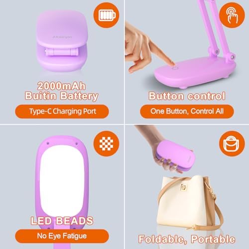 Akejrym LED Desk Lamp for Office Home & Battery Operated Lamp Rechargeable Lamp Foldable & Portable Light, [2-Fold Bracket] 3 Brightness Dimmable Small Desk Lamp Wireless Reading Lamp (Purple)
