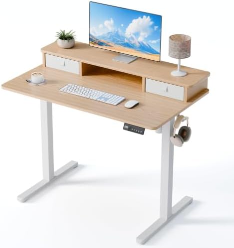 40" x 24" Electric Standing Desk with Dual Drawers, Light Walnut