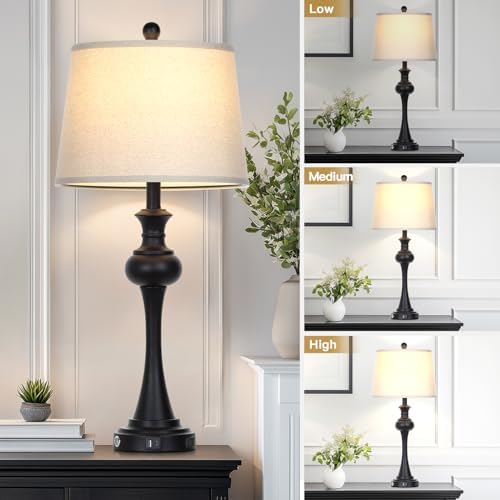 28.75 " 3-Way Touch Control Modern Table Lamp Set of 2 for Living Room , Bedside Lamp with USB A+C Ports, Mid Century Black Table Lamps, Nightstand Lamps Set ,Beige Fabric Shade Vintage Accent Style