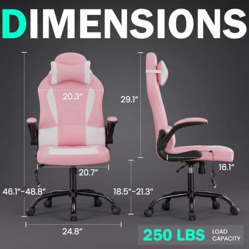 Gaming Chair Office Chair Desk Chair Racing Executive PU Leather Ergonomic Massage Computer Chair with Lumbar Support Headrest Armrest Task Rolling Swivel Chair for Girls, Pink