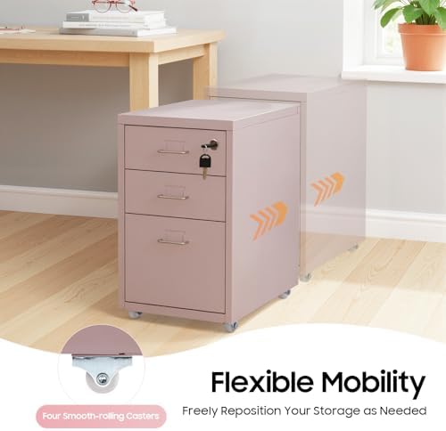 CNCEST 2-Drawer Vertical Metal File Cabinet Pink Lockable Rolling Casters