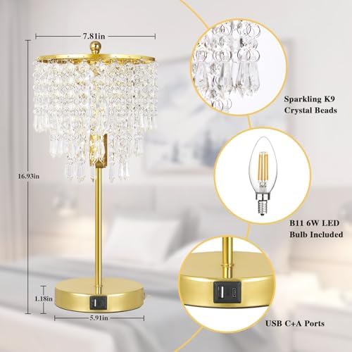 Crystal Table Lamp with USB C+A Ports, 3-Way Dimmable Touch Lamp, Gold Lamp