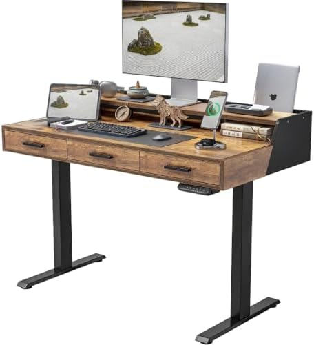 CubiCubi One-Piece Standing Desk 48x26 with 3 Wood Drawers, Rustic Brown