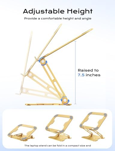 JCZT Adjustable Laptop Stand for Desk, Metal Foldable Laptop Riser, Gold