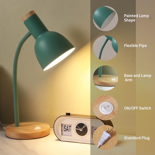 Adjustable Wooden Desk Lamp,Metal Shade Flexible Neck Table Lamp