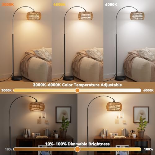 Ambimall Boho Arc Floor Lamp, Color Temperatures and Brightness Adjustable