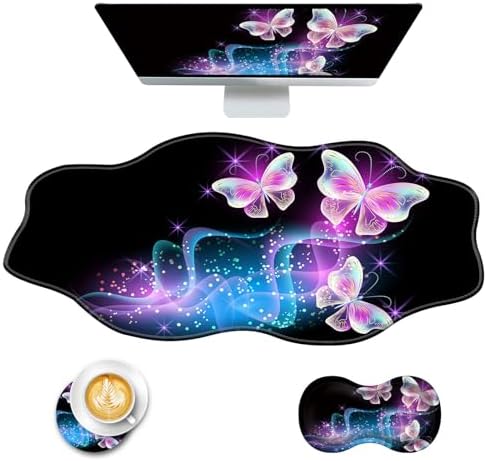 Mouse Pad with Wrist Support + Desk Mat + Coaster 3 in 1 Set, XXL Large Gaming Mousepad Ergonomic Mouse Pads for Desk Computer Laptop Office,Glowing Night Pink Butterflies