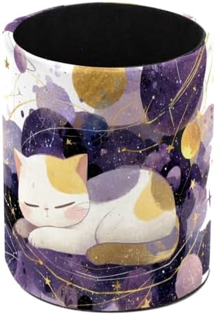 Leather Pen Holder for Desk, Space Cat Pencil Cup Pen Organizer Makeup Brush Holder for Office Home Kids Countertop Desk Accessory Storage