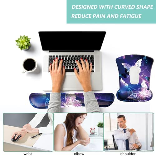 Keyboard Wrist Rest Pad Mouse Pad with Wrist Support Set of 3, Gaming Mousepad with Non-Slip Rubber Base, Ergonomic Memory Foam Mouse Cushion Support for Home Office Laptop Computer, Butterfly