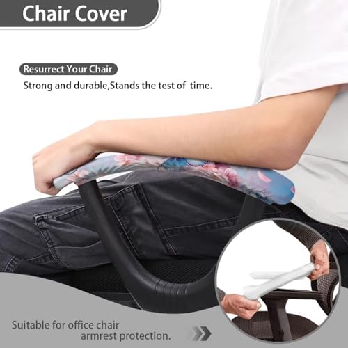 Butterfly Print Office Chair Arm Covers Set of 2, Peach Blossom Print Arm Rest Covers, Stretchy Washable for Desk & Computer Chairs