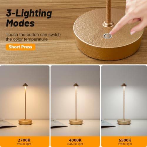 2Pack Rechargeable Cordless Table Lamp, Portable Powered LED Battery 6000mAh Metal USB Desk Lamp, 3 Levels Brightness Light for Restaurants Outdoor (2pack LCE Flower Gold)