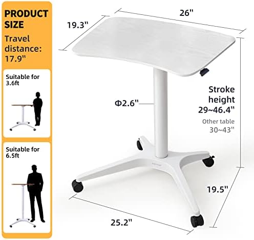 47" Mobile Standing Desk(26" W*19.3" D), Adjustable Height Laptop Desk, Pneumatic Desk with Gas Spring Riser, Podium for Home, Office，Classroom，Medical, (29" to 46.9" H) (White)