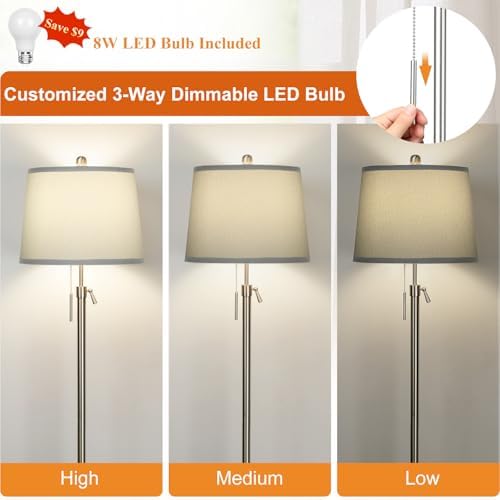 JUNNAI Floor Lamp for Living Room,Adjustable Height Standing Lamp,Dimmable Modern Floor Lamps for Bedroom Office Tall Floor Lights with Pull Chain Bulb Included-Silver Gray Shade