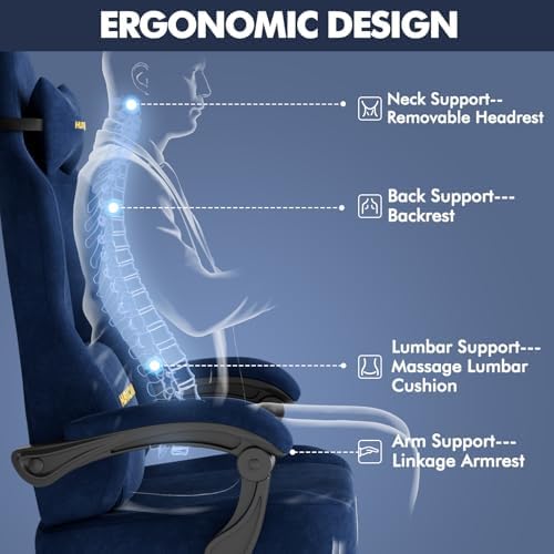 Soontrans Dark Blue Velvet Fabric Gaming Chair for Adult, Ergonomic Comfortable Video Gamer Chair with Footrest, Reclining Office Computer Desk Game Chairs with Massage Lumbar Cushion,Headrest