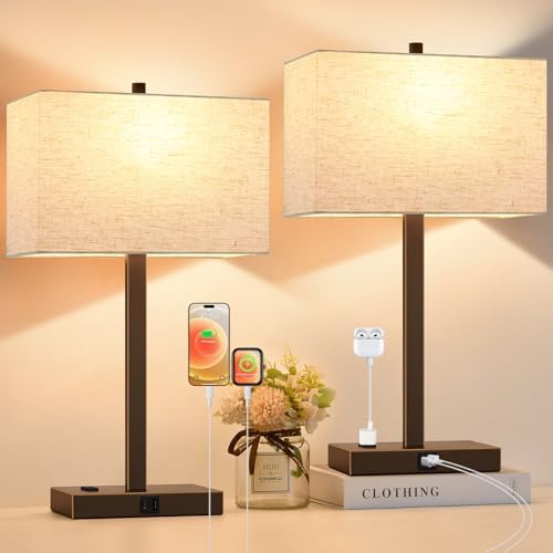 Lynnoland 21" Set of 2 Table lamp with USB A+C & AC Outlets, Touch Control 3-Way Dimmable Nightstand Lamps for Bedroom Living Room Office Reading, Line Shade Touch Lamps, 3000K LED Bulbs Included