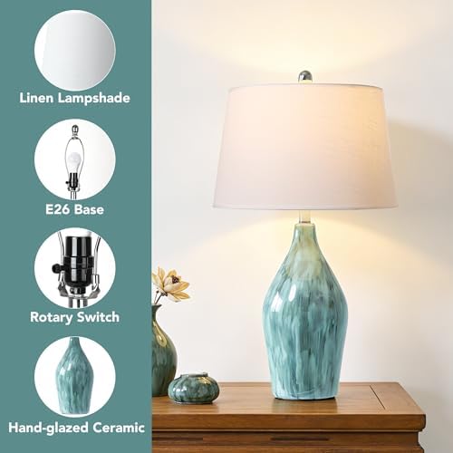QiMH 28" Ceramic Table Lamp, 3 Color Temperatures Lamp for Bedroom with Memory Function, Nightstand Lamp with Linen Shade, Modern Glaze Bedside Lamp for Living Room, Teal, 2700K LED Bulb Included