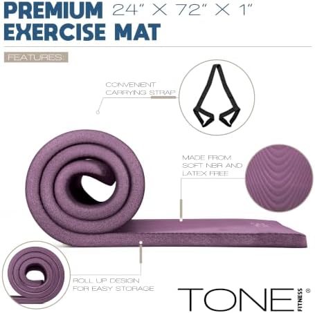 Tone Fitness 1" Extra Thick Yoga Mat, Exercise & Pilates Mat with Strap