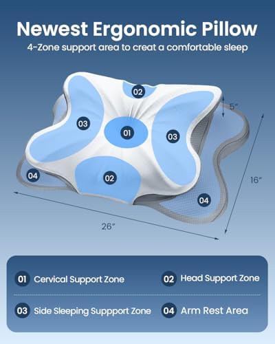 Cervical Pillow for Neck Pain Relief, 4-Height Adjustable Oeko-TEX Memory Foam Contour Pillow for Sleeping, Ergonomic Orthopedic Cooling Neck Pillow for Side Back Stomach Sleepers, Arm Support