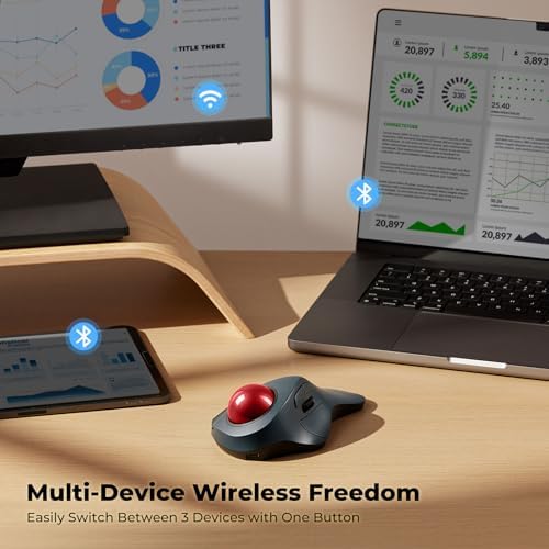 Wireless Ergonomic Trackball Mouse, Large Hands, 44mm Index Finger Control