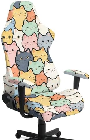 Cute Cat Print Gaming Chair Cover with Armrest Covers Stretch Non Slip Furniture Protector Washable Stain Resistant Office Desk Chair Slipcover