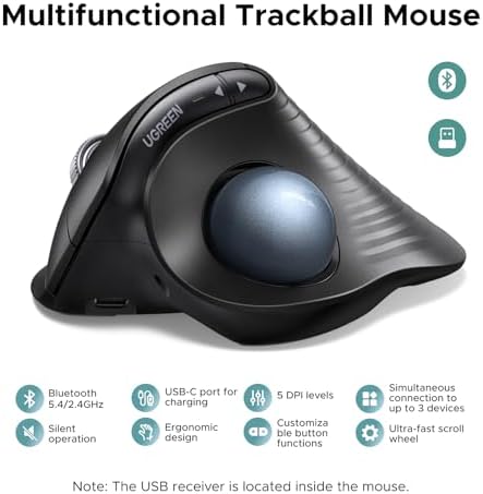 UGREEN M785DR Wireless Trackball Mouse, Bluetooth & 2.4G, Thumb Control