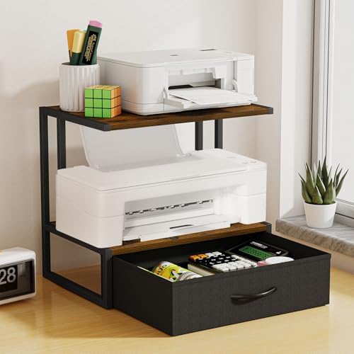 Printer Stand with Storage for Desk, with Fabric Drawer Desktop Printer Stand Shelf Organzier for Home Office, for Above and Under Desk Printer Table, Fax Machine Copier Scanner, Brown