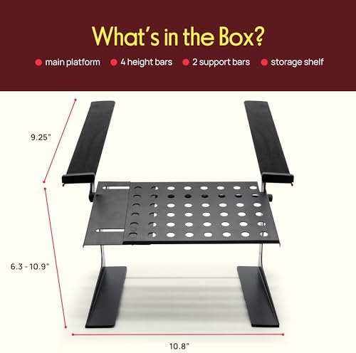 Pyle Adjustable DJ Laptop Stand with Two-Tier Storage Shelf – Portable Table for Laptop, CD Player, DJ Controller, EFX/Lighting Gear, 4 Heights, Durable, 8 lb Capacity