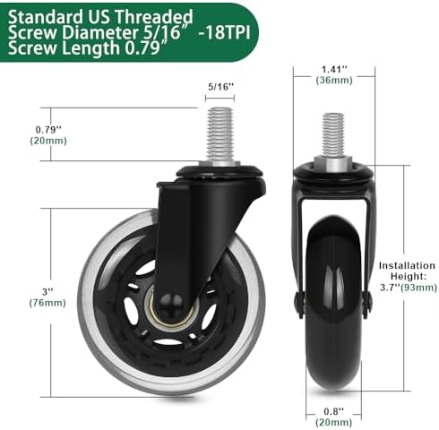 8T8 Office Chair Caster Wheels with 5/16''-18x1 Threaded Stem Caster, Heavy Duty 3" Replacement Rubber Office Chair Wheels for Smart Home Offices, Safe for Hardwood Tile Floors