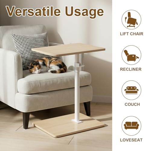 YUHFERA Sofa Armrest Tray Table for Couch - 360 Swivel Height Adjustable End Table for Small Spaces, Snack Side Table for Bed or Chair with Phone & Tablet Slot (Oak, Enlarged)