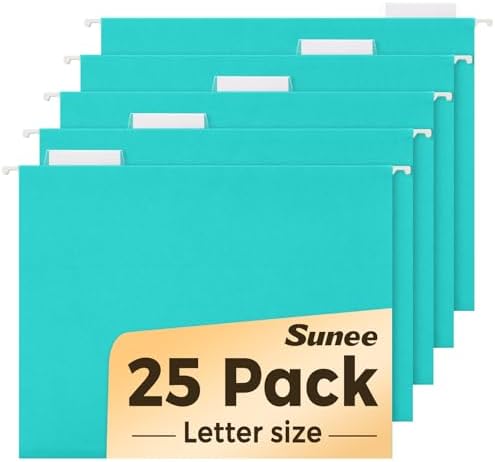 SUNEE Hanging File Folders Teal, 25 Pack Letter Size File Folders with 1/5-cut Tabs, Stay Organized for Your Home and Office Bulk File and Documents