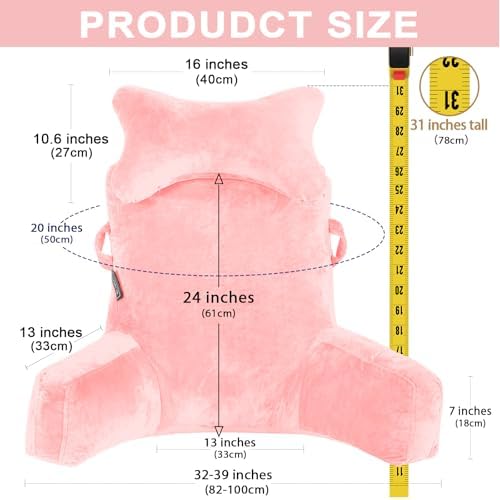 Reading Pillow-Extra Large 31" Bed Rest Pillow with Detachable Neck Roll & Arms for Sitting in Bed or Couch-Backrest Reading Pillow Adult Back Pillows for Reading/Watching TV/Gaming/Relaxing-Pink