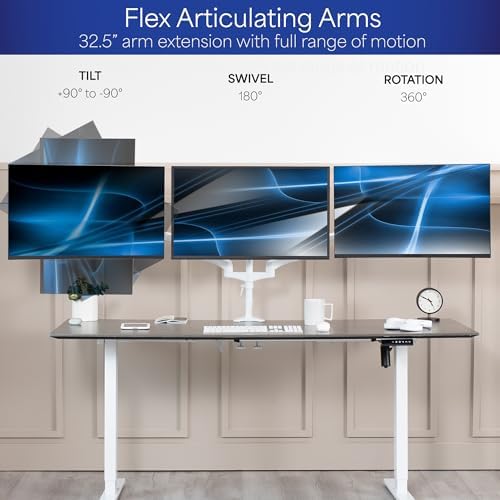 VIVO 17 to 32 inch Triple Pneumatic Monitor Mount, 2 Pneumatic Arms, 1 Fixed, Adjustable Swivel, Rotation, Heavy Duty VESA Desk Stand with C-clamp, Max VESA 100x100, White, STAND-V300GW