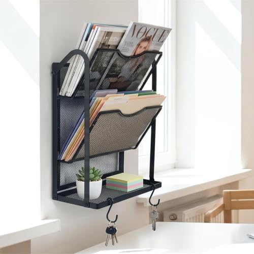 3-Tier Wall File Organizer for Office,Metal Folder Holder with 2 Hook,Black