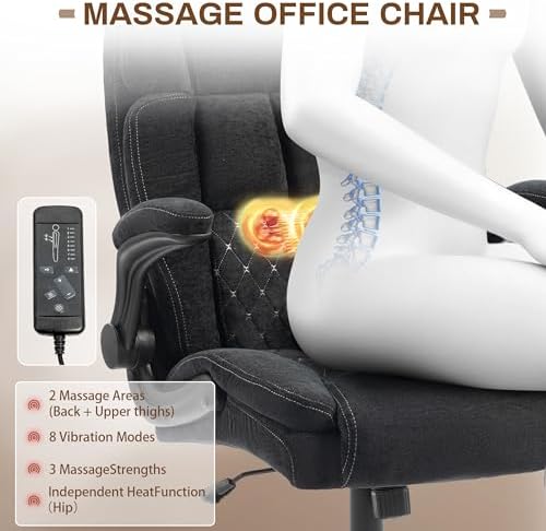 Massage Office Chair,500LBS Ergonomic Rocking Executive Desk Chairs with 4 Points Vibration&Heat,Padded Flipup Armrests for Big and Tall Office Chair,Swivel Computer Chair LightBlack