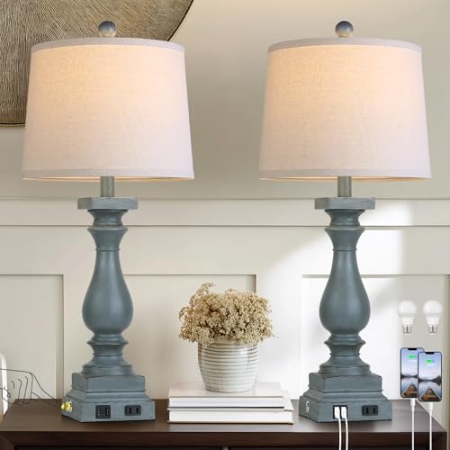 28" Tall Farmhouse Table Lamps Set of 2 with USB C+A Ports and AC Outlet, 3 Way Touch Control Rustic Bedside Lamp for Bedroom, Blue Vintage Nightstand Lamp for Living Room Office