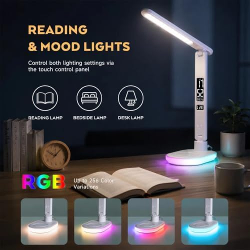 LED Desk Lamp with Wireless Charger,Clock,Touch Table Lamp for home office
