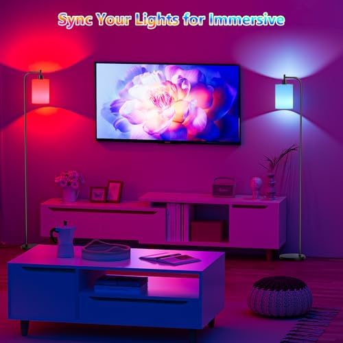 SIBRILLE RGB Floor Lamp with Linen Shade, Dimmable Tall Standing Lamp with Remote Control, Color Changing Floor Lamps for Living Room Bedroom Gaming Room, 9W RGB Bulb Included