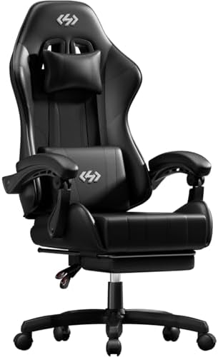HLDIRECT Gaming Chair with Footrest, Lumbar Support & Headrest, Black