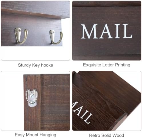 DLQuarts Solid Wood Mail Organizer with Key Holder for Wall, Mail Sorter Wall Mounted, Decorative Wooden Key and Mail Holder with 3 Hooks, Dark Walnut