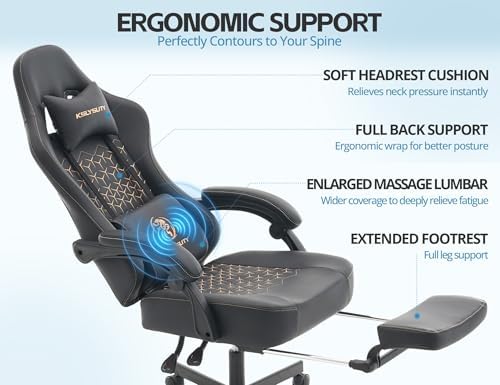 Office Chair for Home Office, Ergonomic Wide Seat Desk Chair with Pocket Spring Cushion, Breathable Leather Gaming Chair with Adjustable Headrest and Retractable Footrest，Black