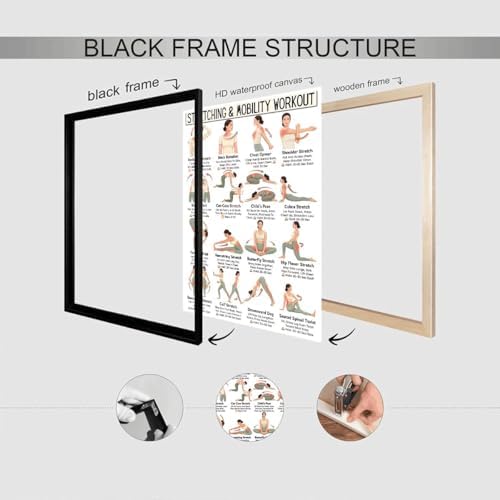 Stretching & Mobility Workout Poster, 16 Illustrated Full-Body Flexibility Training Chart with Hold Time Guides, Bodyweight Neck Hip Shoulder Stretch Reference for Post-Workout Recovery & Daily Mobility Improvement(20x30inchs，Black Framed)