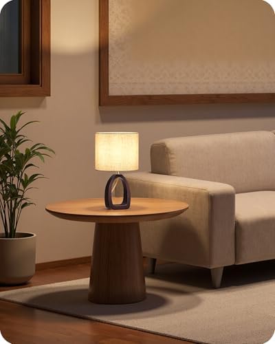 Small Table Lamp, 14.2" Cute Little Desk Lamp, Wood Bedside Lamp with Beige Linen Lampshade & Dark Walnut Base, Modern Nightstand Lamp for Bedroom, E26 Base, Bulb Not Included, STE07TL05