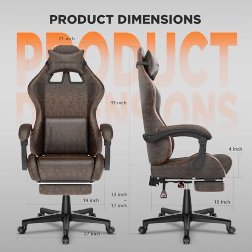 Ferghana Vintage PU Leather Gaming Chair, Ergonomic Reclining Racing Gamer Chair with Massage Lumbar Support, High Back Computer Office Chair with Footrest for Adults, Brown