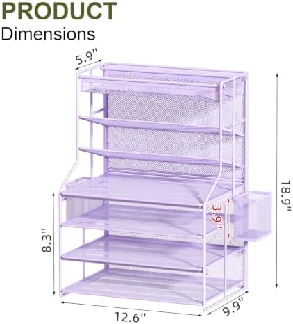 Purple 7 Tier Desk File Organizer, Metal Letter Tray Paper Organizer with Pull-Out Drawer, Removable Pen Holder & Hanging Basket, Vertical Desktop File Holder for Home Office, Classroom