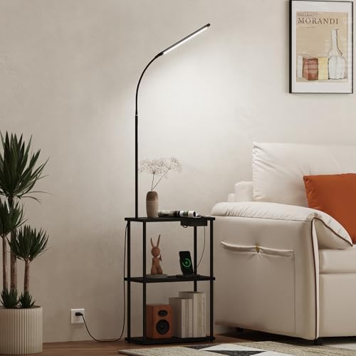 Qupui LED Floor Lamp with Table, 15W Dimmable, USB Charging, Black