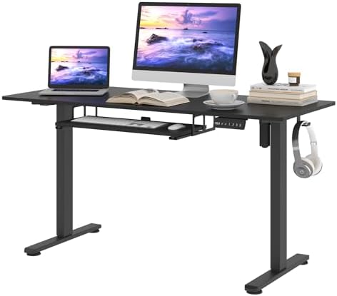 Electric Height Adjustable Standing Desk with Keyboard Tray, 48 * 24 Inch Sit Stand Up Desk, Ergonomic Computer Desk with 2 Headphone Hook for Home Office Sturdy Writing Workstation, Gaming