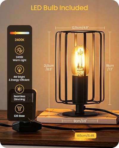 Industrial Table Lamp, Fully Dimmable Small Bedside Lamp, Plug in